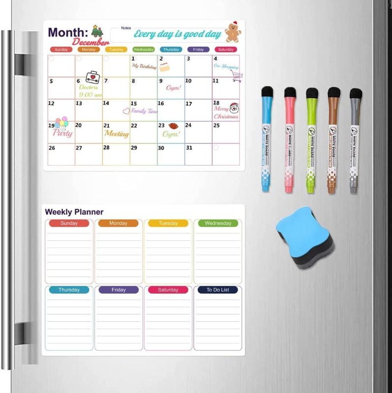 Photo 1 of 2PCS Magnetic Dry Erase Calendar Board for Fridge, Fridge Whiteboard Calendar, Monthly Weekly Chores Chart,