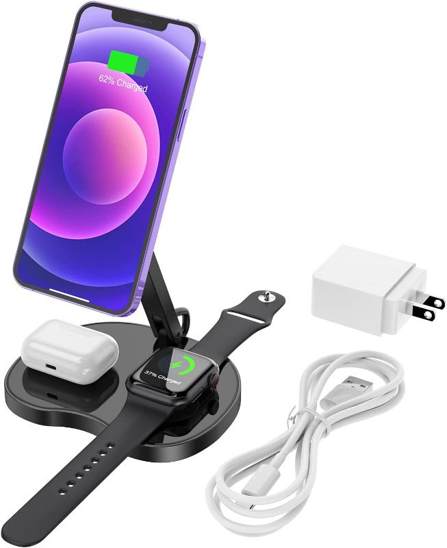 Photo 1 of Wireless Charging Station, 15W Magnetic Fast Wireless Charger for Multiple Devices, 3-in-1 Charger Stand for iPhone13 Pro Max/13 Pro/13/12 Mini AirPods/iWatch, Replacement for Apple MagSafe Charger
