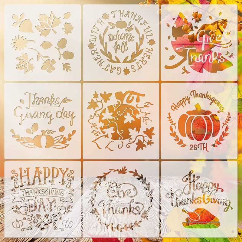 Photo 1 of 9 Pieces Thanksgiving Fall Stencil DIY Decorative Design Plastic Template Thanksgiving Autumn Pumpkin Truck Maple Leaves Happy Harvest Stencil for Painting Drawing Spraying Festival Decor Supplies
