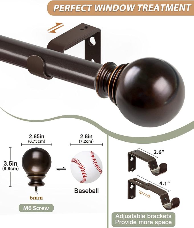 Photo 1 of  1 Inch Curtain Rod Telescoping Single Drapery Rod 72 to 144 Inches (6-12 Feet), Round Finials, Bronze