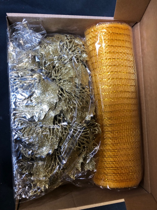 Photo 1 of 20 Pcs Artificial Poinsettia Flowers Glitter Christmas Tree Ornament and 30 Ft mesh Ribbon Rolls Mesh Plastic Ribbon Wreaths Swags for Home Christmas Room Decor (Gold)