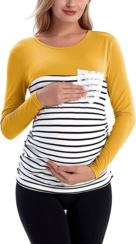 Photo 1 of DEBELLY Maternity Shirt Long & Short Sleeve Tunic Color Block Crew Neck Striped Pregnancy Casual Tops with Crochet Pocket. m 
