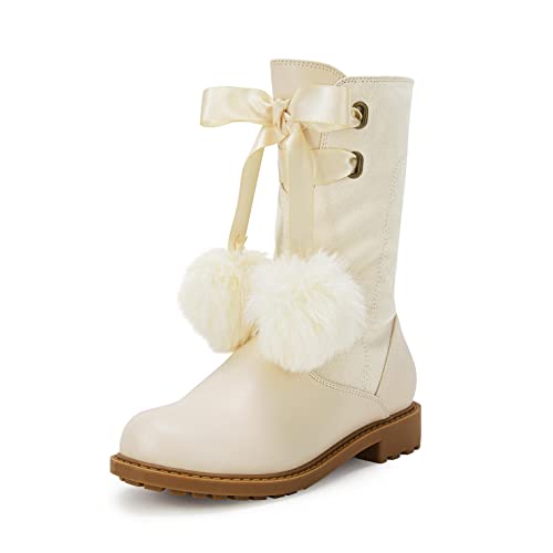 Photo 1 of Coutgo Girls' Boots Mid Calf Lug Sole Side Zipper Winter Boot with Bowknot Pom-poms Toddler Beige sz 10