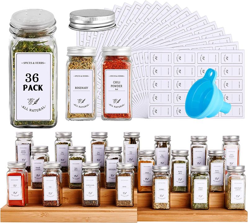 Photo 1 of 36 Glass Commercial Spice jars with 400 Spice Labels, 4Oz Empty Square Spice Storage Bottles Containers?36 Shaker/Pour Lids, 36 Airtight Metal Caps & 1 Funnel Included for Spice Rack, Cabinet, Drawer

