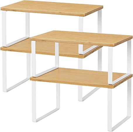 Photo 1 of NEX Bamboo Kitchen Cabinet and Counter Shelf Organizer, Stackable & Expandable, Set of 4, White and Natural