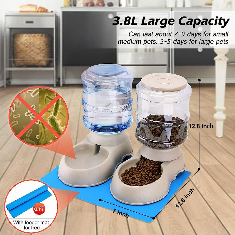 Photo 2 of 2 Pack Automatic Cat Feeder and Water Dispenser in Set with Pet Food Mat for Small Medium Dog Pets Puppy Kitten Big Capacity 1 Gallon x 2 (2 Pack Cream)
