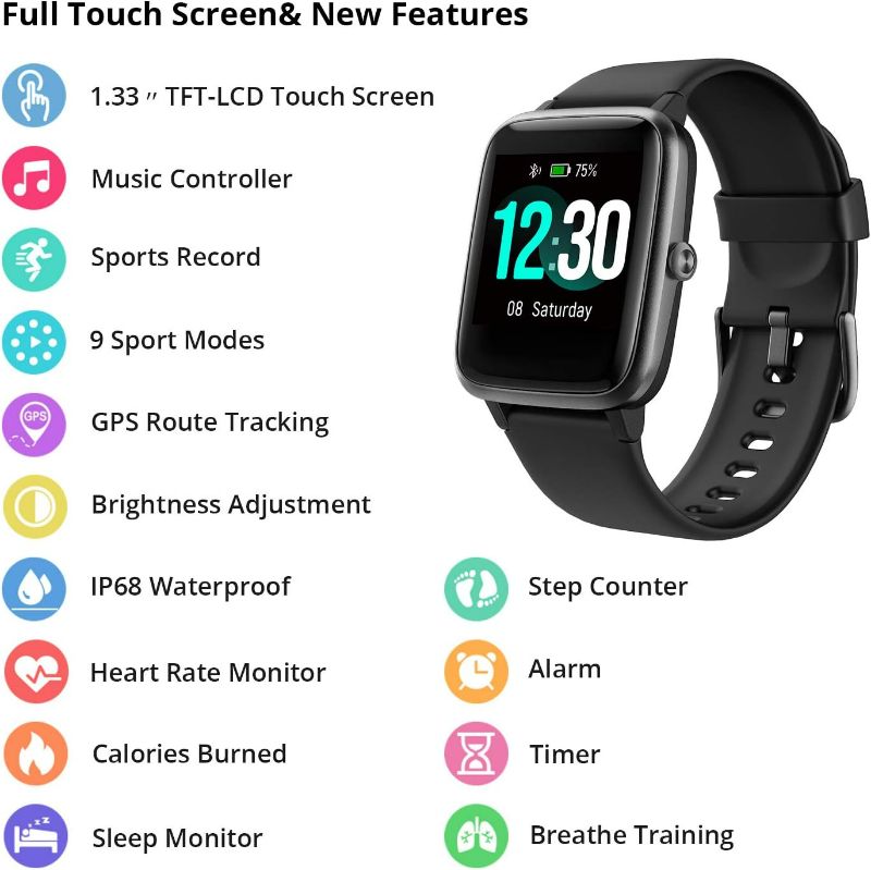 Photo 2 of Fitness Tracker with Heart Rate Monitor, Fitpolo Smart Watch 1.3 inches Color Touch Screen IP68 Waterproof Step Calorie Counter Sleep Monitoring Pedometer Watches Activity Tracker for Women Men Kids Black 
