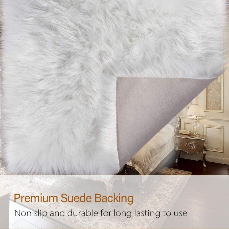 Photo 3 of LOCHAS Soft Fluffy Faux Fur Rugs for Bedroom Bedside Rug 2x3, Washable Furry Area Rug Carpet for Living Room Dorm Floor, Durable Faux Throw Carpets, White 2 x 3 Feet White