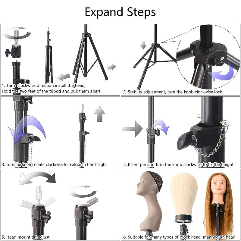 Photo 3 of Wig Stand Tripod Mannequin Head Stand Heavy Duty Metal Adjustable Wig Head Stand for Canvas Block Head Styling Making Wigs Displaying Cosmetology Hairdressing Training Manikin Head with Carry Bag
