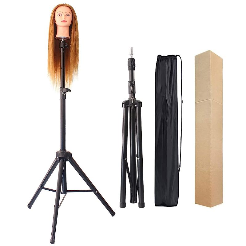 Photo 1 of Wig Stand Tripod Mannequin Head Stand Heavy Duty Metal Adjustable Wig Head Stand for Canvas Block Head Styling Making Wigs Displaying Cosmetology Hairdressing Training Manikin Head with Carry Bag
