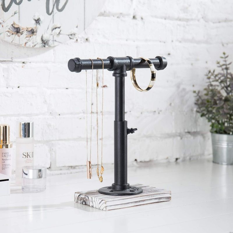 Photo 1 of MyGift Industrial Pipe Black Metal T-Bar Adjustable Height Jewelry, Bracelet & Necklace Display Stand with Torched Wood Base
