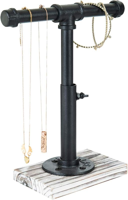 Photo 4 of MyGift Industrial Pipe Black Metal T-Bar Adjustable Height Jewelry, Bracelet & Necklace Display Stand with Torched Wood Base
