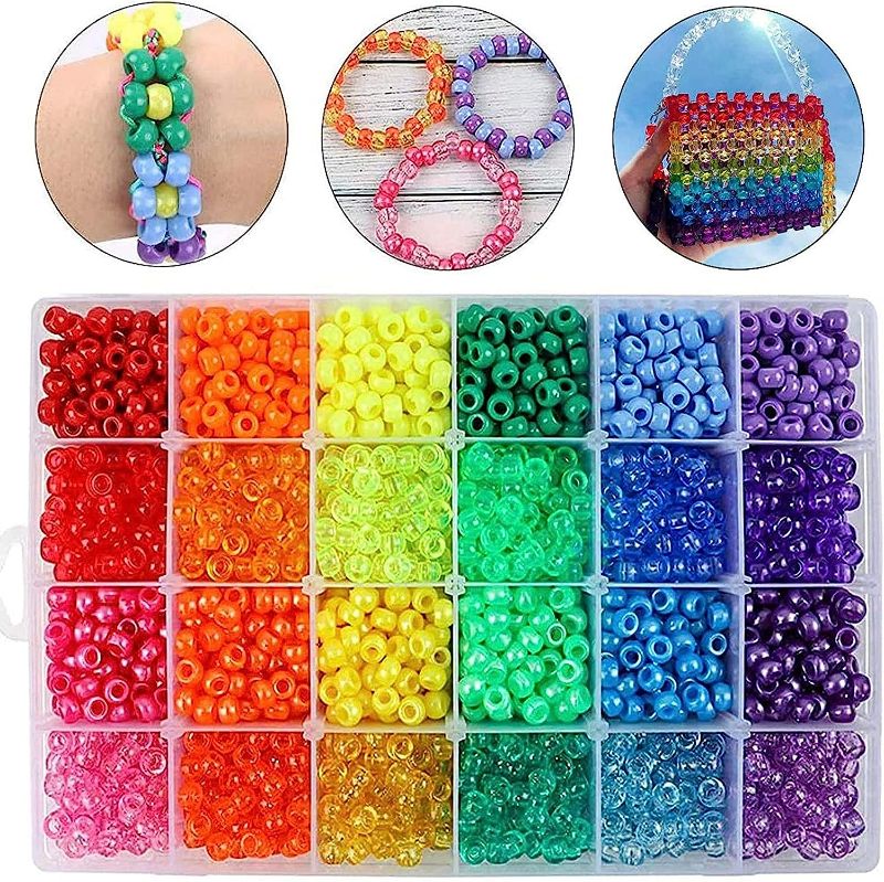 Photo 1 of Quefe 2880pcs Pony Beads Kit Rainbow Beads Plastic Bead for Craft 6 x 9mm 24 Colors 4 Styles Large Hole Beads Set for Bracelets Jewelry Making
