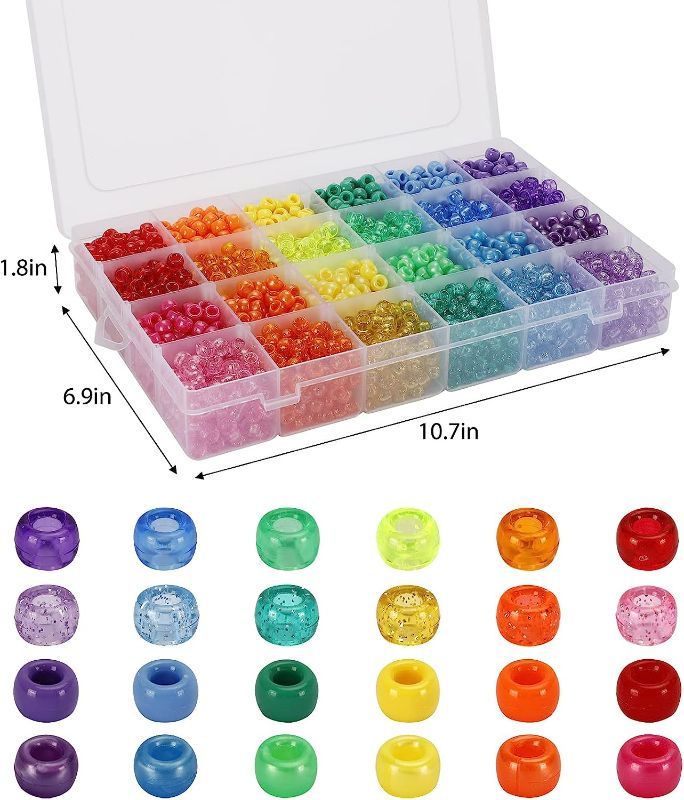 Photo 2 of Quefe 2880pcs Pony Beads Kit Rainbow Beads Plastic Bead for Craft 6 x 9mm 24 Colors 4 Styles Large Hole Beads Set for Bracelets Jewelry Making
