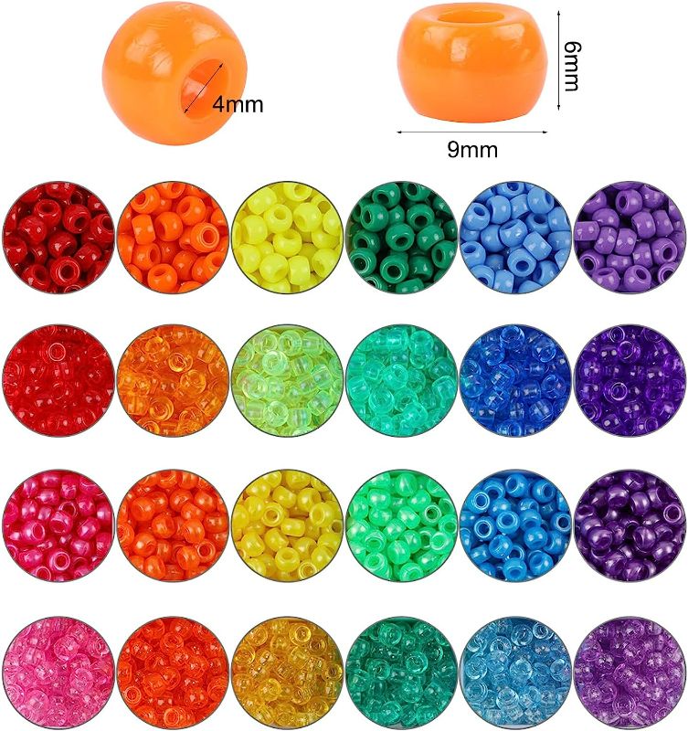 Photo 3 of Quefe 2880pcs Pony Beads Kit Rainbow Beads Plastic Bead for Craft 6 x 9mm 24 Colors 4 Styles Large Hole Beads Set for Bracelets Jewelry Making
