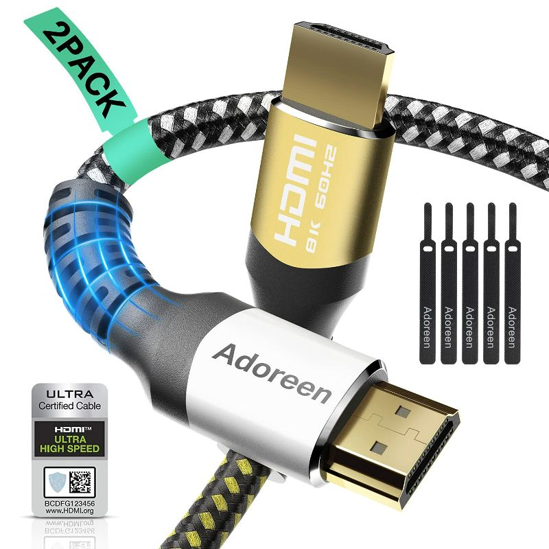 Photo 1 of 8K HDMI 2.1 Cable (Certified) 6.6 feet/2 Pack,Adoreen 48Gbps Braided HDMI Cord(3ft to 25ft) for 8K@60Hz 4K@120Hz 2K 1080P, Dynamic HDR, eARC HDCP2.2 Compatible PS5,PS4,HD TV with 5 Cable Ties(2m)
