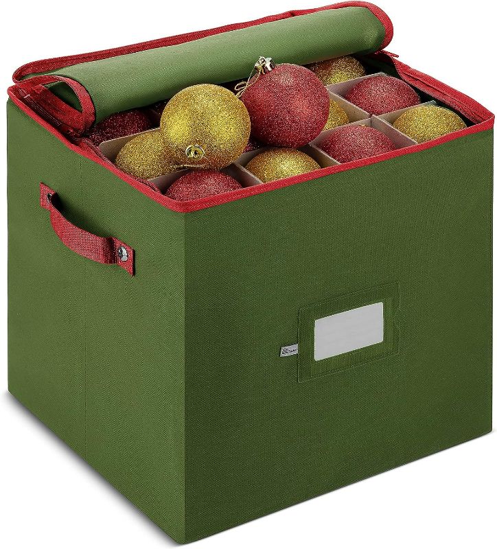 Photo 1 of ZOBER Christmas Ornament Storage Box with Dual Zipper Closure - Box Contributes Slots for 64 Holiday Ornaments 3-Inch, Xmas Decorations Accessories, Made of Nonwoven Tear-Proof Material, Green
