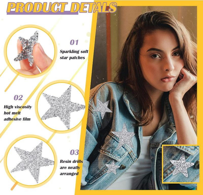 Photo 1 of 24 Pieces Star Patches Iron On Star Appliques Rhinestone Adhesive Star Iron on Patches Glitter Shiny Star Patches Appliques for Clothing Jeans Repair Decoration (Silver, 1.57/2.36/3.15 Inch)
