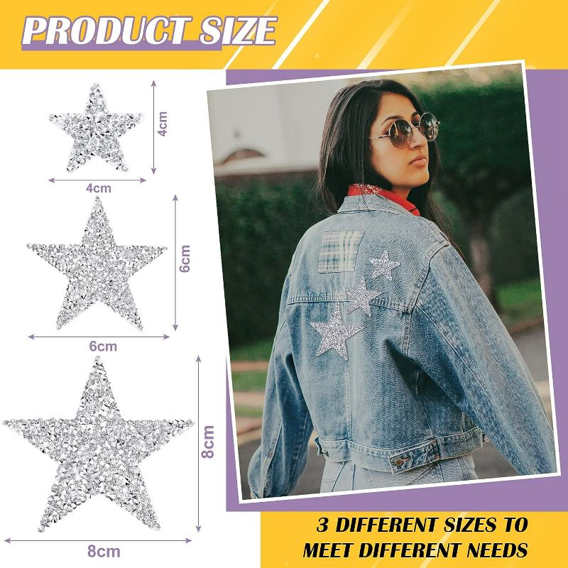 Photo 2 of 24 Pieces Star Patches Iron On Star Appliques Rhinestone Adhesive Star Iron on Patches Glitter Shiny Star Patches Appliques for Clothing Jeans Repair Decoration (Silver, 1.57/2.36/3.15 Inch)

