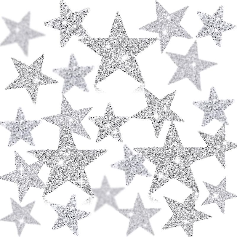 Photo 1 of 24 Pieces Star Patches Iron On Star Appliques Rhinestone Adhesive Star Iron on Patches Glitter Shiny Star Patches Appliques for Clothing Jeans Repair Decoration (Silver, 1.57/2.36/3.15 Inch)
