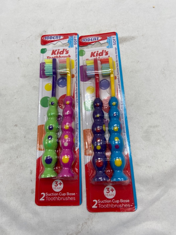 Photo 1 of Blondee's Kids Toothbrush 4 Pack - Soft Contoured Bristles - Child Sized Brush Heads (3-10 Year Old) - Suction Cup for Fun & Easy Storage - Girl & Boy Set