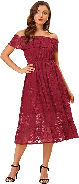 Photo 1 of Women's Off Shoulder Sleeveless Bridesmaid Wedding Guest Lace Dress with Mini Lining Size Medium 
