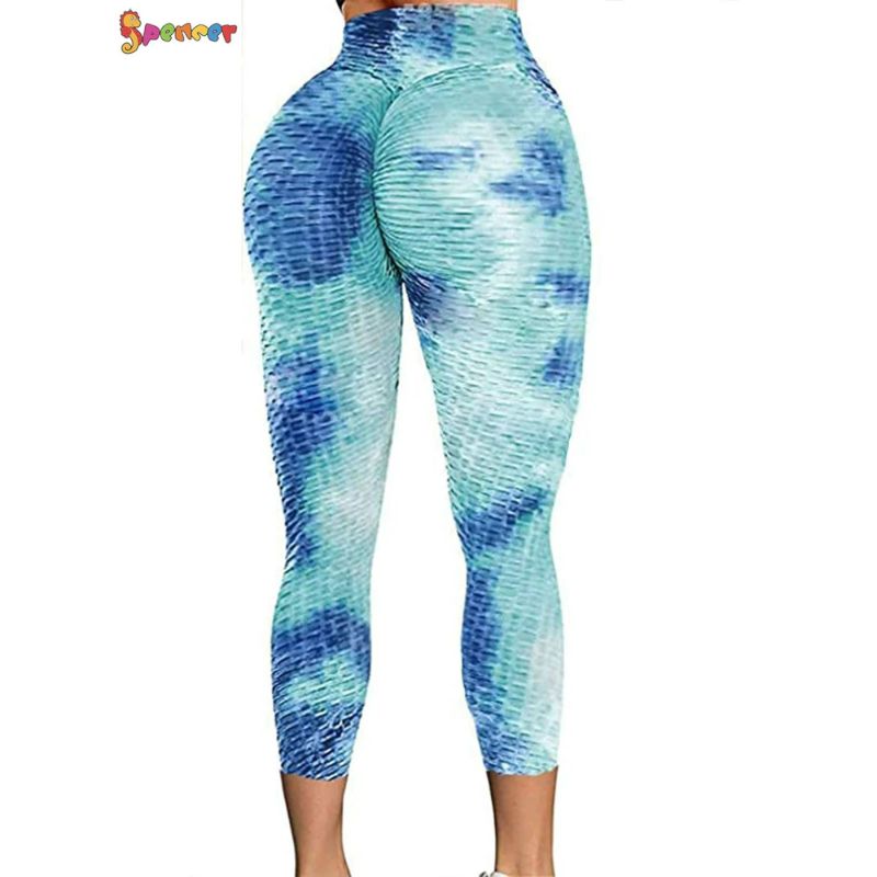 Photo 1 of Spencer Women's High Waist Yoga Pants Tie Dye Textured Capris Tummy Control Slimming Booty Leggings Workout Butt Lift Tights (Medium  Blue)
