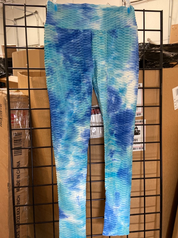 Photo 3 of Spencer Women's High Waist Yoga Pants Tie Dye Textured Capris Tummy Control Slimming Booty Leggings Workout Butt Lift Tights (Medium  Blue)
