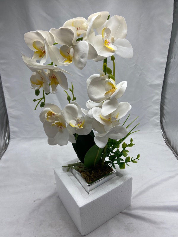Photo 2 of GXLMII Artificial Orchids Flowers with Vase for Table Centerpieces, Faux Orchid Orquideas Fake Real Touch Flowers Large Vivid Orchid Phalaenopsis White Orchid Plant Indoor Room Decoration
