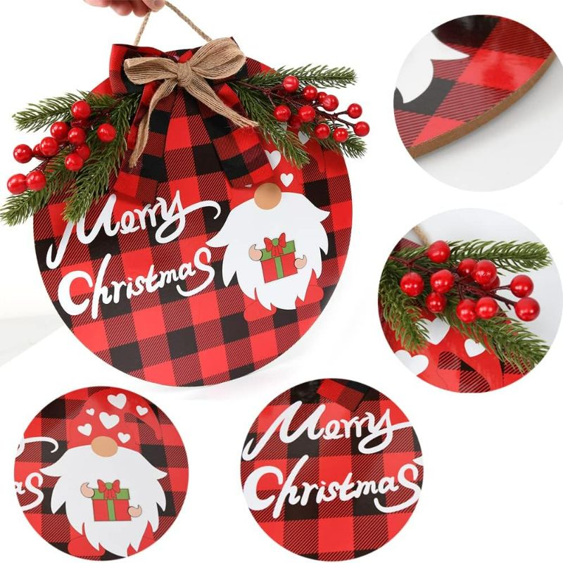 Photo 2 of ETASOP Christmas Wreath - Buffalo Plaid Xmas Decorations - Winter Wreaths Merry Christmas Sign for Holiday Rustic Farmhouse Front Door Porch Wall Window Outside Decorations (Red)