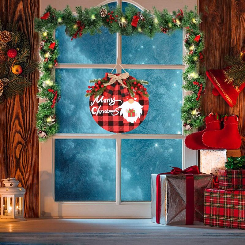 Photo 3 of ETASOP Christmas Wreath - Buffalo Plaid Xmas Decorations - Winter Wreaths Merry Christmas Sign for Holiday Rustic Farmhouse Front Door Porch Wall Window Outside Decorations (Red)