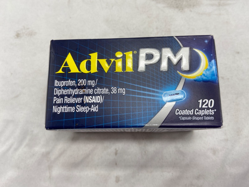 Photo 2 of Advil PM Pain Reliever And Nighttime Sleep Aid, Pain Medicine With Ibuprofen For Pain Relief And Diphenhydramine Citrate For A Sleep Aid - 120 Coated Caplets 120 Count (Pack of 1) Exp 11/24