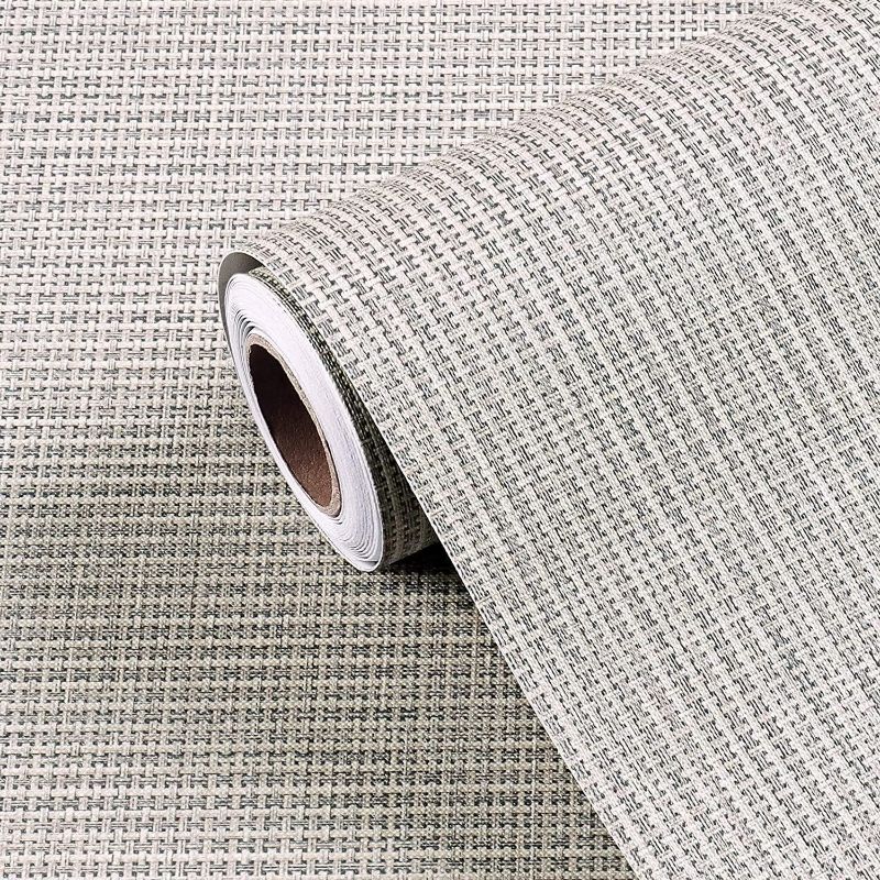 Photo 1 of  Grey Grasscloth Peel and Stick Wallpaper for Bathroom Waterproof Linen Fabric Wall Paper Textured Self Adhesive Geometric Wallpaper Removable Contact Paper for Cabinets Walls Drawers