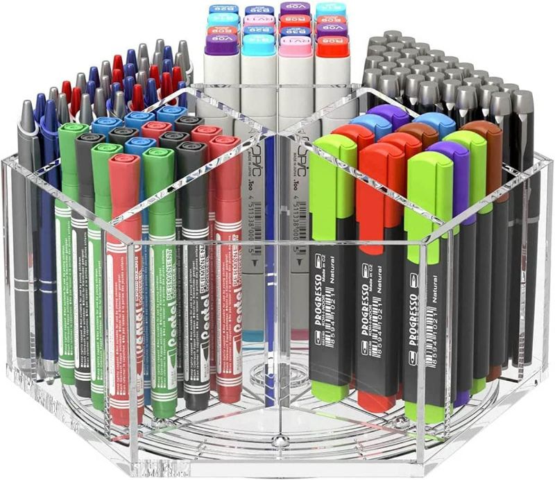 Photo 1 of NIUBEE Acrylic Pen Pencil Holder 7 Compartments, Multi-capacity Marker Storage Art Supply Organizer, 360° Rotating Clear Pencil Cup