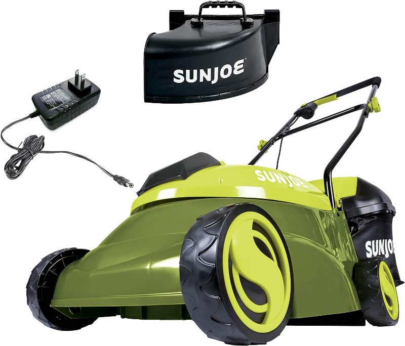 Photo 1 of Sun Joe MJ401C 14-Inch 28-Volt Cordless Push Lawn Mower, w/10.6-Gallon Collection Bag,14 inches, Green & Greenworks 24V 12" Cordless String Trimmer / Edger, 2.0Ah Battery and Charger