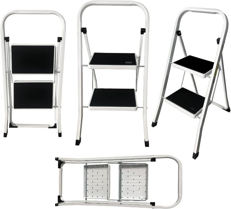 Photo 1 of 2 Step Ladder, Lightweight Folding Step Stools for Adults with Anti-Slip Pedal, Portable Sturdy Steel Ladder with Handrails, Perfect for Kitchen & Household, 330 lbs Capacity, White 2 Step