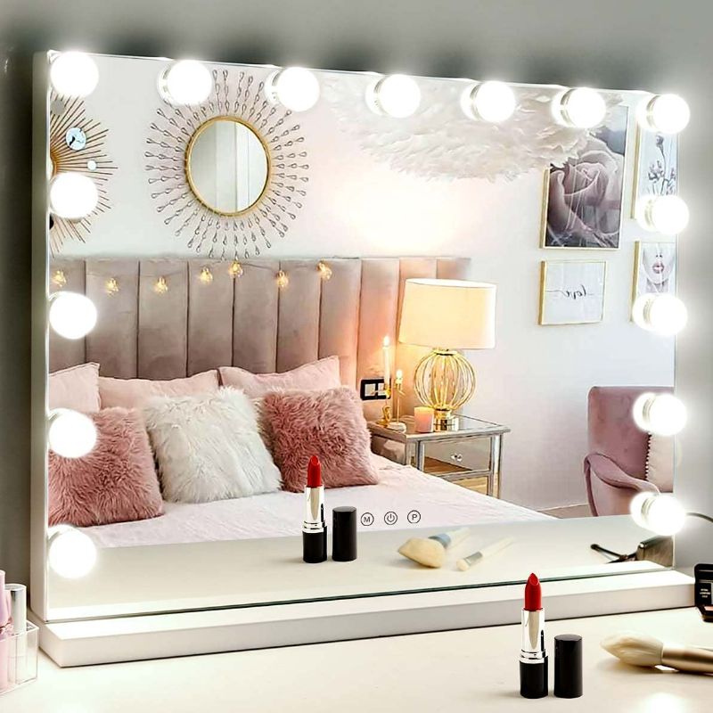 Photo 1 of Hollywood Vanity Mirror with Dimmable 15LED Bulbs Lights 3 Lighting Modes 2in1 Large Lighted Makeup Mirror for Desk and Wall with Plug-in and USB Charger Port