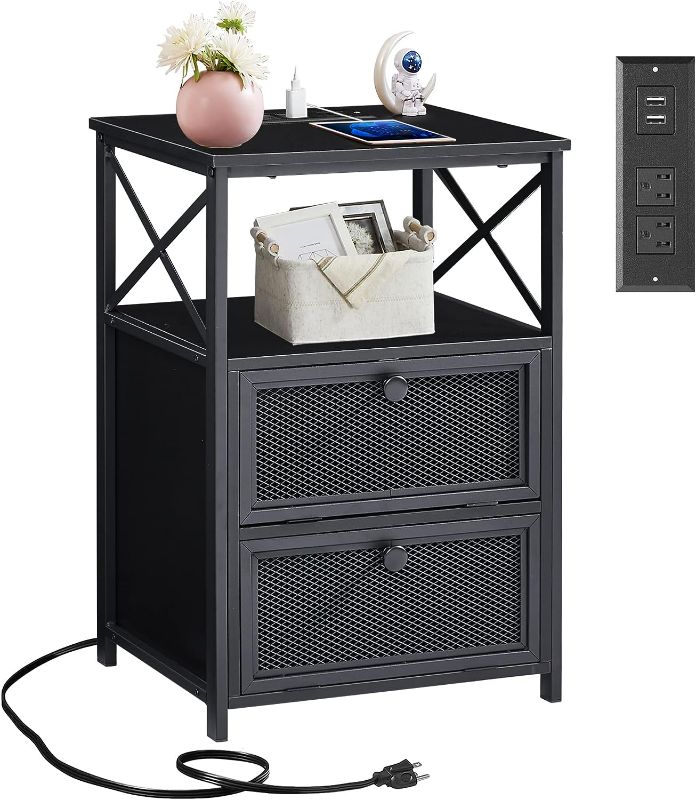 Photo 1 of VECELO Black End Table with USB Ports and Outlets,24Inch Nightstands with Charging Station and Storage Shelf for Bedroom,Living Room, 1 Set