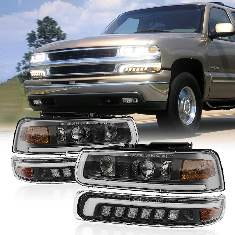 Photo 1 of RAMJET4X4 LED Headlights Assembly with Bulbs Compatible with 1999-2002 Chevy Silverado 2000-2006 Chevrolet Suburban Tahoe Bumper Headlamps Replacement DRL Turn Signal Hi/Low Beam