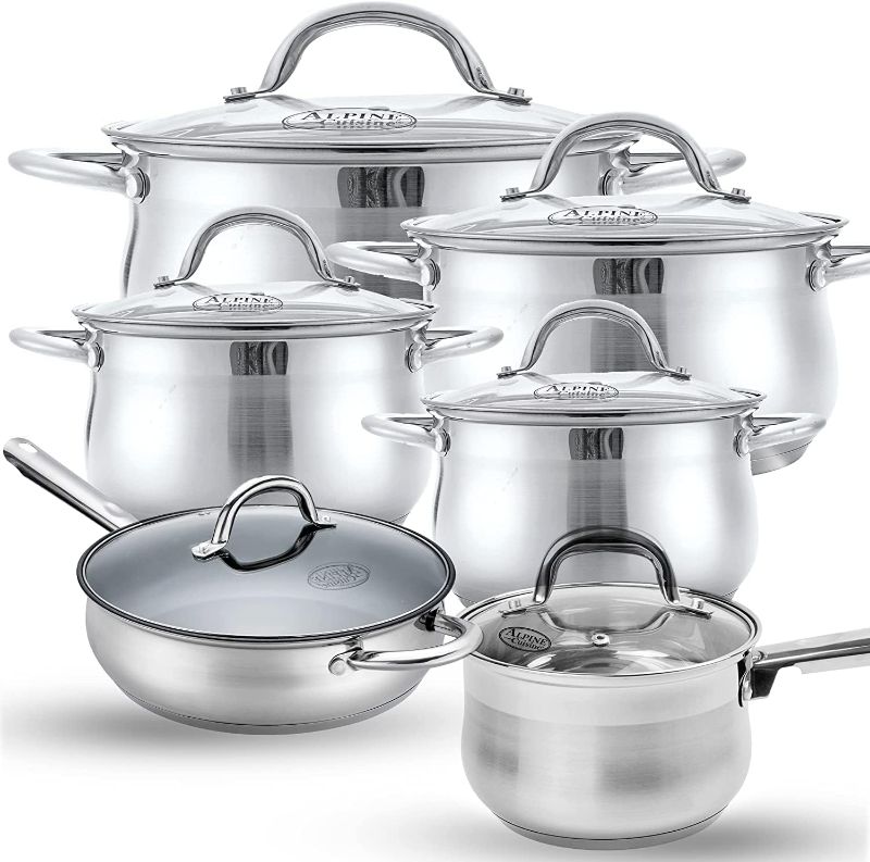 Photo 1 of Alpine Cuisine Cookware Set 12-PC Belly Shape - Stainless Steel Cookware Sets with Lid, Stove Top Cookware Set for Healthy Cooking, Comfortable Handles, Dishwasher Safe & Easy to Clean