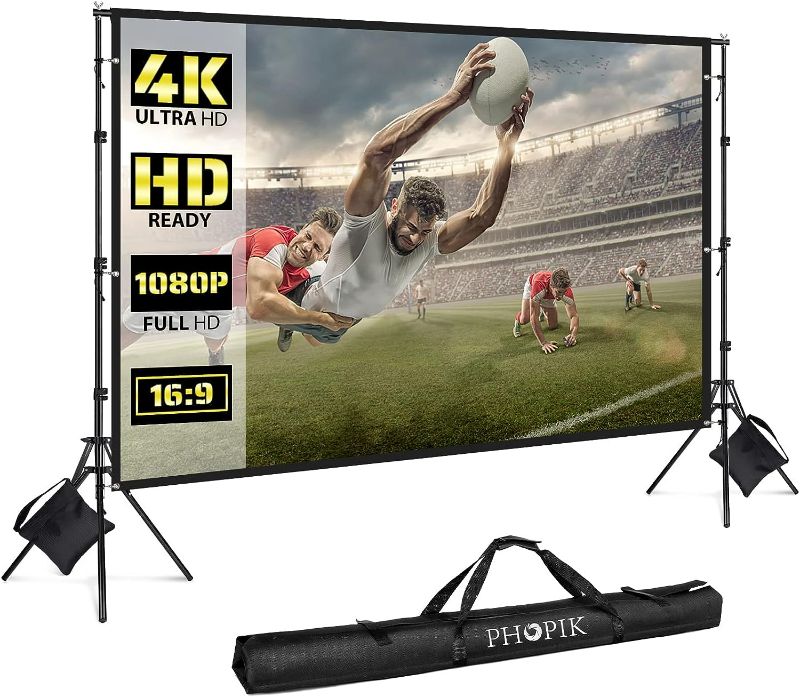 Photo 1 of PHOPIK Projector Screen with Stand: 120 inch Portable Indoor Outdoor Projector Screen Fordable & Wrinkle-Free Outdoor Movie Screen with Carry Bag for Home Theater Camping and Recreational Events