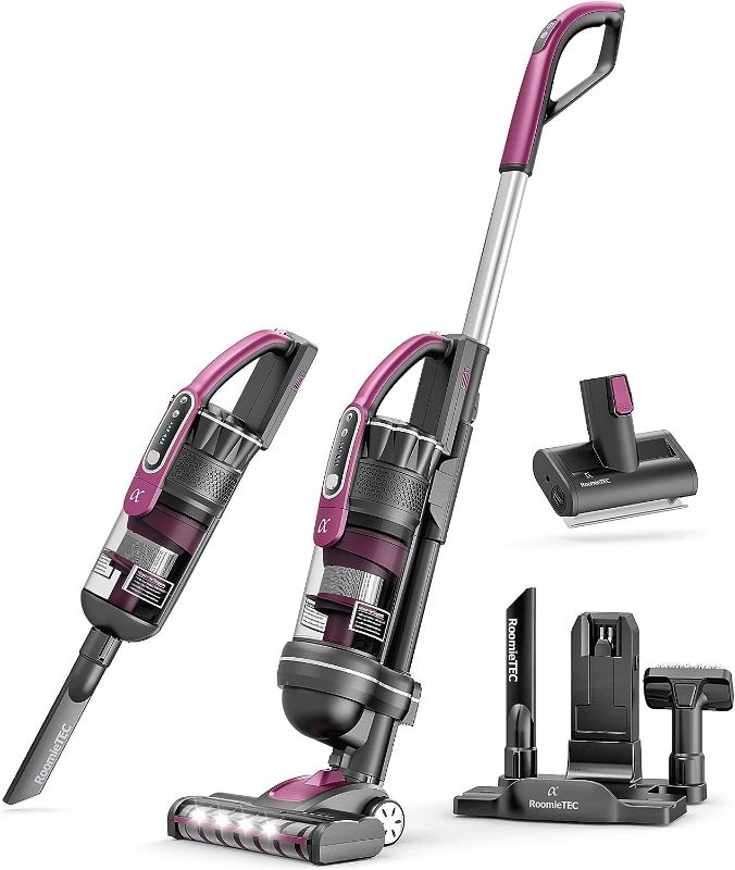 Photo 1 of Roomie Tec Alpha Professional Upright Cordless Vacuum Cleaner, Lightweight and Bagless, with Handheld Dust Buster, LED Headlights, Motorized Pet Brush and Auto Charging Dock - 22Kpa, 300W, Space Gray