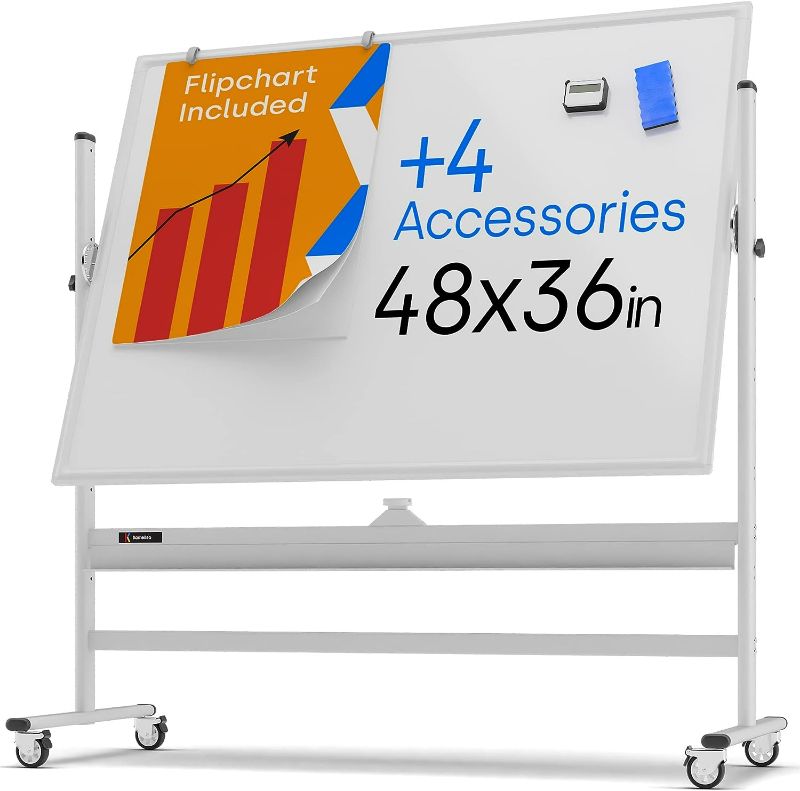 Photo 1 of Rolling Magnetic Whiteboard 48 x 36 - Large Portable Dry Erase Board with Stand - Double Sided Easel Style Whiteboard with Wheels - Mobile Standing Whiteboard for Office, Classroom & Home