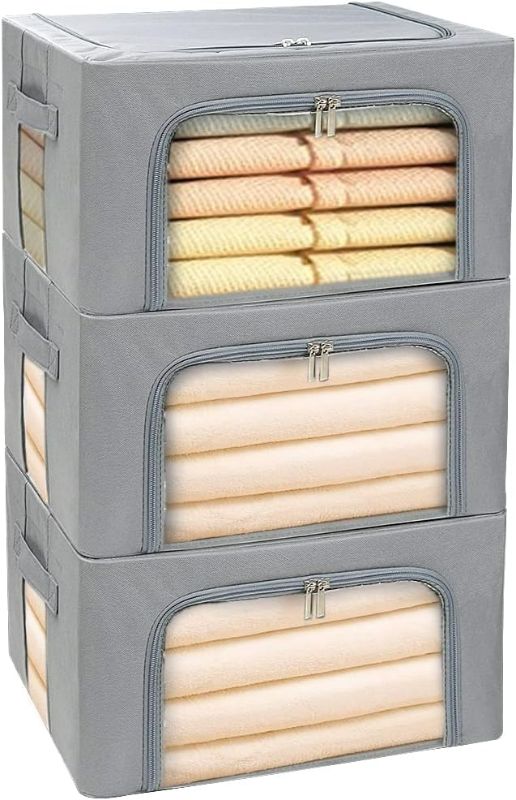 Photo 1 of Clothes Storage Box Bins Stackable Foldable Organizer,Sturdy Handles with Metal Frame for Clothing Bedding Shelves,Closet Container with Clear Window Zipper and Label Holder (Gray, 22L x3 Pack)