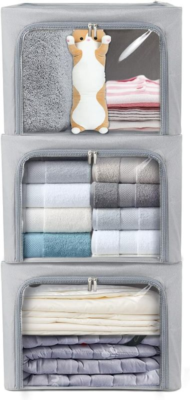 Photo 1 of Clothes Storage Box Bins Stackable Foldable Organizer,Sturdy Handles with Metal Frame for Clothing Bedding Shelves,Closet Container with Clear Window Zipper and Label Holder (Gray,Small-40L x3 Pack)