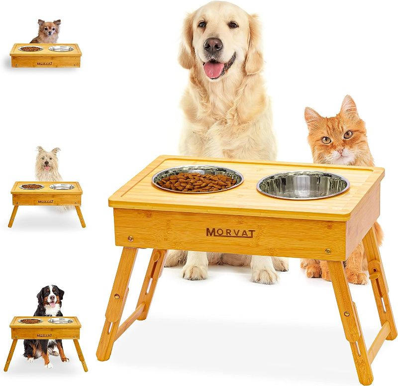 Photo 2 of Morvat Raised Bamboo Wood Double Pet Feeder, Adjustable to 3 Heights, Elevated Feeding Station Stand for Small Medium & Large Dogs Puppies & Cats, Includes 4 Stainless Steel Food & Water Dish Bowls