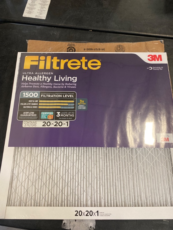 Photo 2 of Filtrete 20x20x1, AC Furnace Air Filter, MPR 1500, Healthy Living Ultra Allergen, 2-Pack (exact dimensions 19.69 x 19.69 x 0.78) 20x20x1 2-Pack