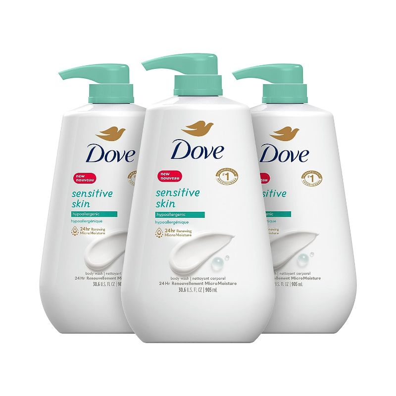 Photo 1 of Dove Body Wash with Pump Sensitive Skin Hypoallergenic, Paraben-Free, Sulfate-Free, Cruelty-Free, Moisturizing Skin Cleanser Effectively Washes Away Bacteria While Nourishing Skin, 30.6 Oz (Pack of 3)