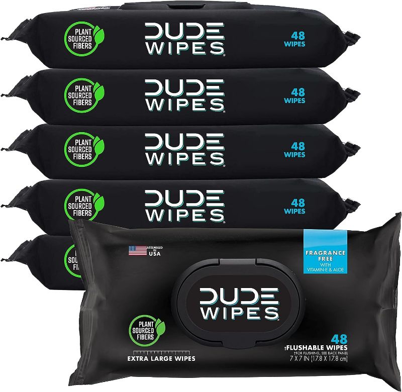 Photo 1 of DUDE Wipes - Flushable Wipes - 6 Pack, 288 Wipes - Unscented Extra-Large Adult Wet Wipes - Vitamin-E & Aloe for at-Home Use - Septic and Sewer Safe