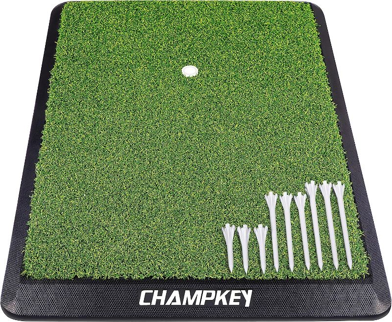 Photo 1 of CHAMPKEY Premium Synthetic Turf Golf Hitting Mat | Heavy Duty Rubber Base Golf Practice Mat | Come with 1 Rubber Tee and 9 Plastic Tees